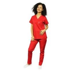 Piros orvosi öltöny, V-nyakú blúz, három zseb és elasztikus nadrág