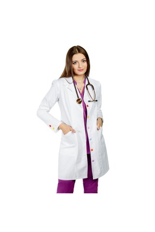 Fehér Rainbow orvosi ruha, női, hajtókás gallérral, színes gombokkal és két zsebbel, hosszú ujjú