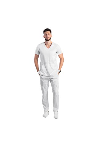 Fehér sztreccs orvosi öltöny férfiaknak V blúzzal és nadrággal, zsinórral és gumival