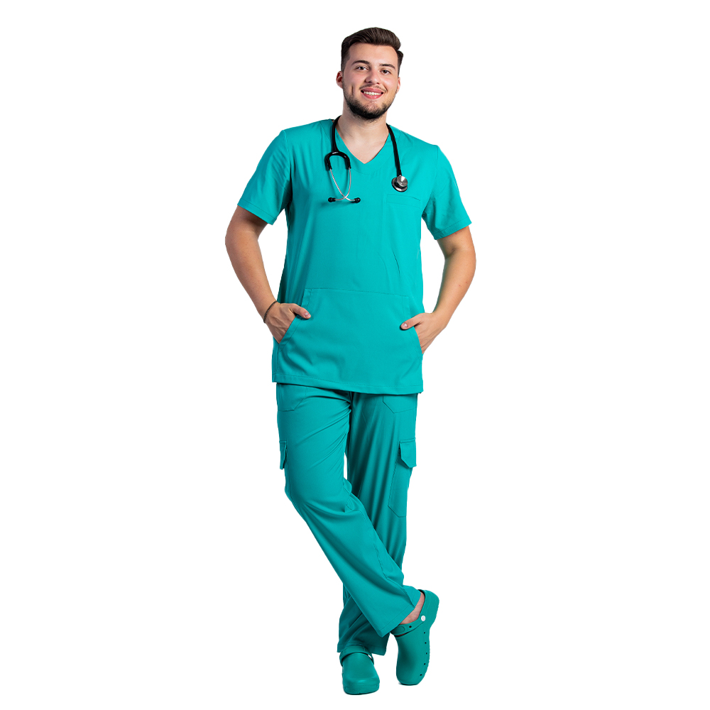 Férfi sztreccs orvosi öltöny türkizzöld V blúzzal és nadrággal húzózsinórral és gumival