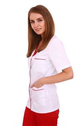  Fehér orvosi ruha piros paspollal, kapcsokkal és három ráhelyezett zsebbel