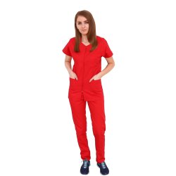 Piros orvosi öltöny, bütykös cipzáras blúz, három zseb és gumírozott nadrág