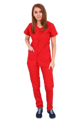 Piros orvosi öltöny, bütykös cipzáras blúz, három zseb és gumírozott nadrág