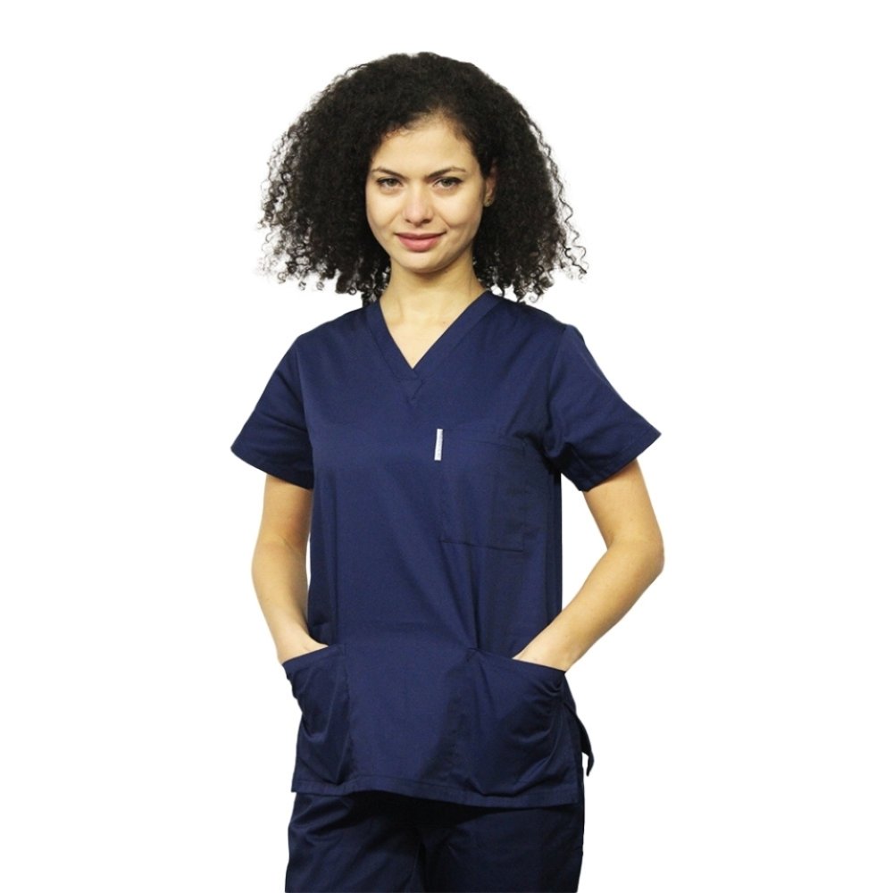  Sötétkék orvosi öltöny, V-nyakú blúz, három zseb és elasztikus nadrág.