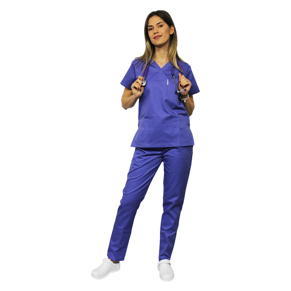 Mov orvosi öltöny, V-nyakú blúz, három zseb és elasztikus nadrág