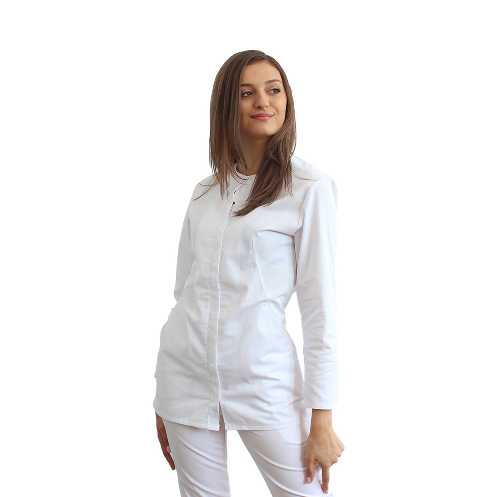  Fehér női orvosi ruha hosszú ujjal, cipzárral és két ráhelyezett zsebbel