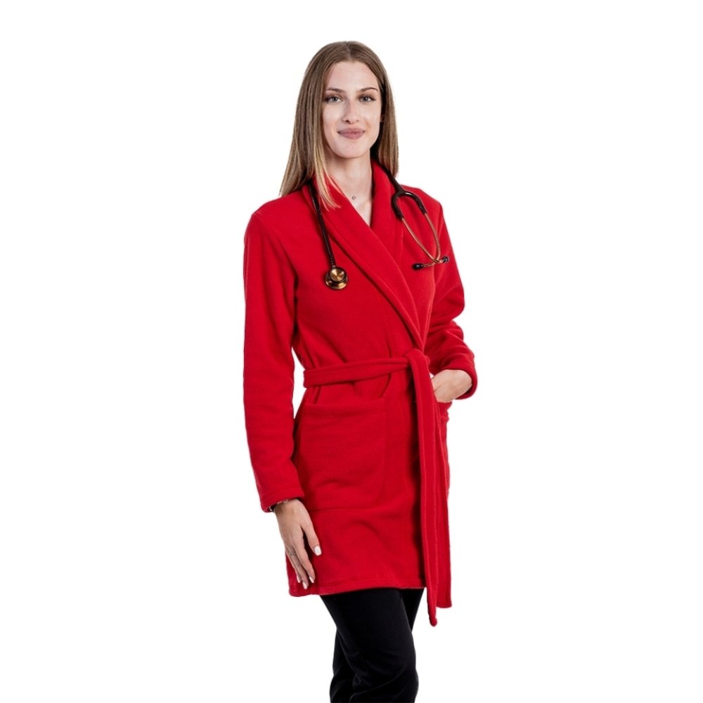 Piros gyapjú köntös két ráhelyezett zsebbel és húzózsinórral