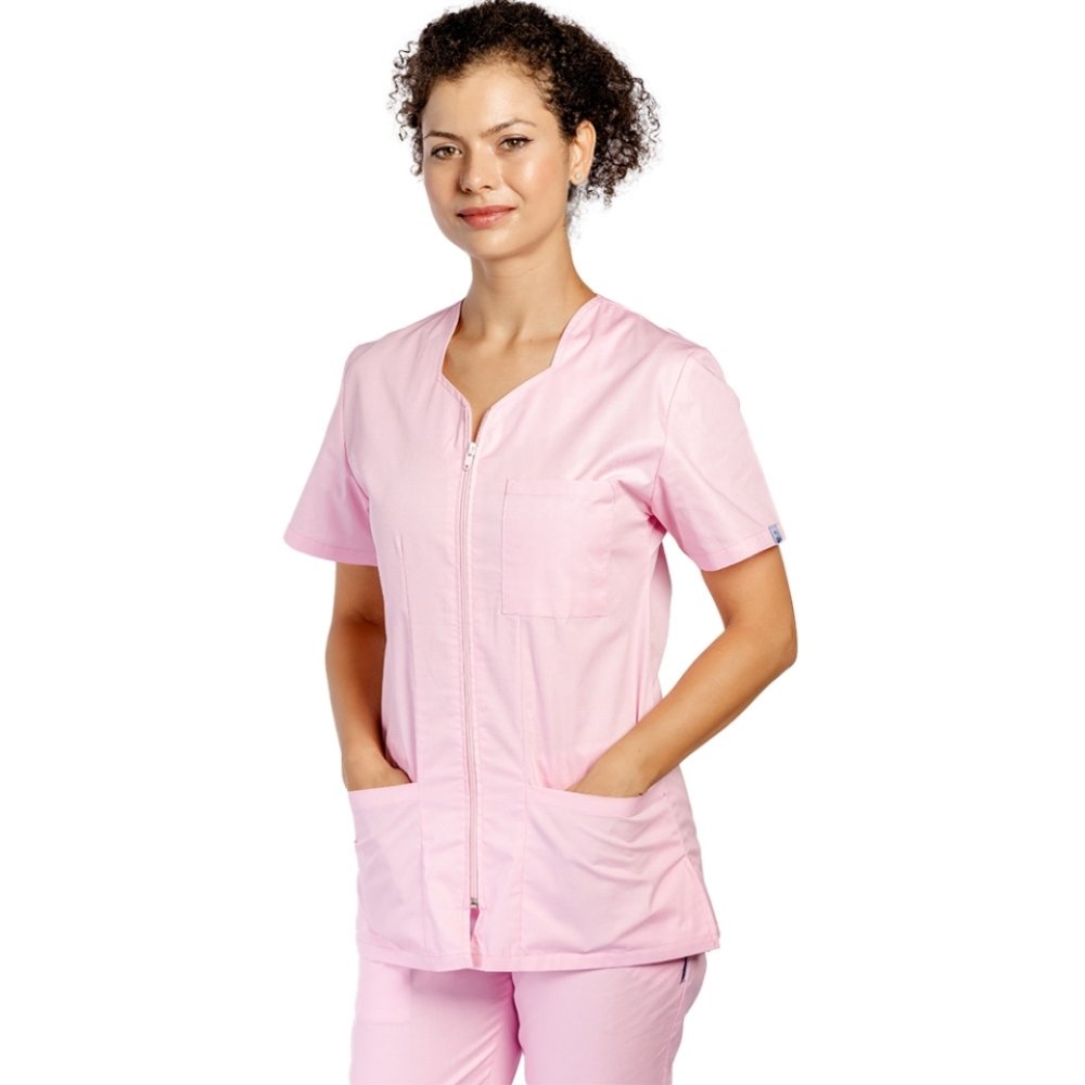 Orvosi köntös halvány rózsaszín cipzárral, íves és három ráhelyezett zsebbel