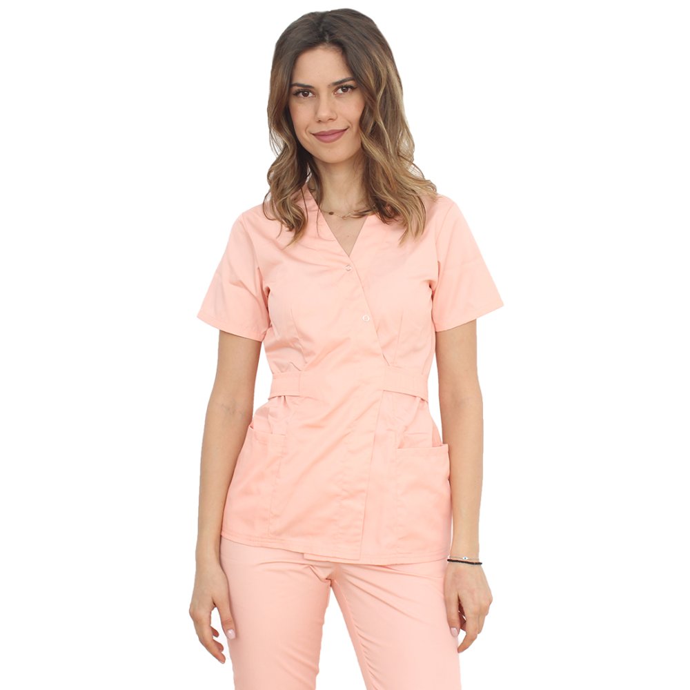 Barack színű orvosi öltöny, kimonó blúzzal és elasztikus nadrággal