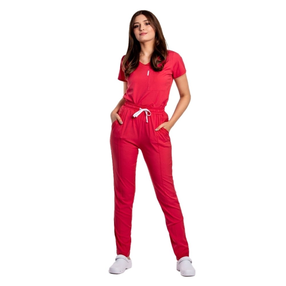 Korallvörös sztreccs orvosi öltöny horgonyblúzzal, húzózsinórral és elasztikus nadrággal