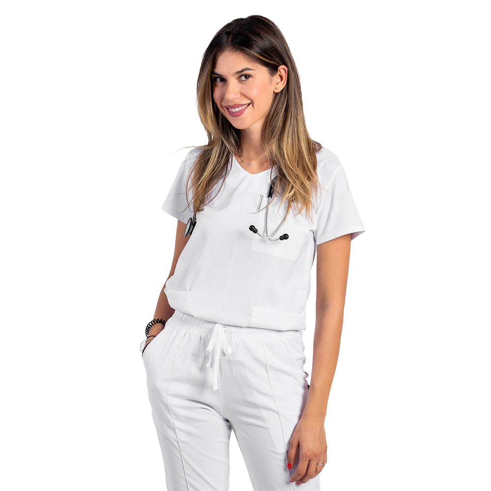 Fehér sztreccs orvosi öltöny V-nyakú blúzzal és nadrággal, zsinórral és gumírozással