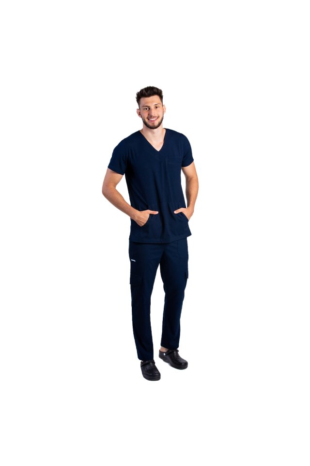 Sötétkék férfi sztreccs orvosi öltöny V blúzzal és nadrággal, zsinórral és gumival