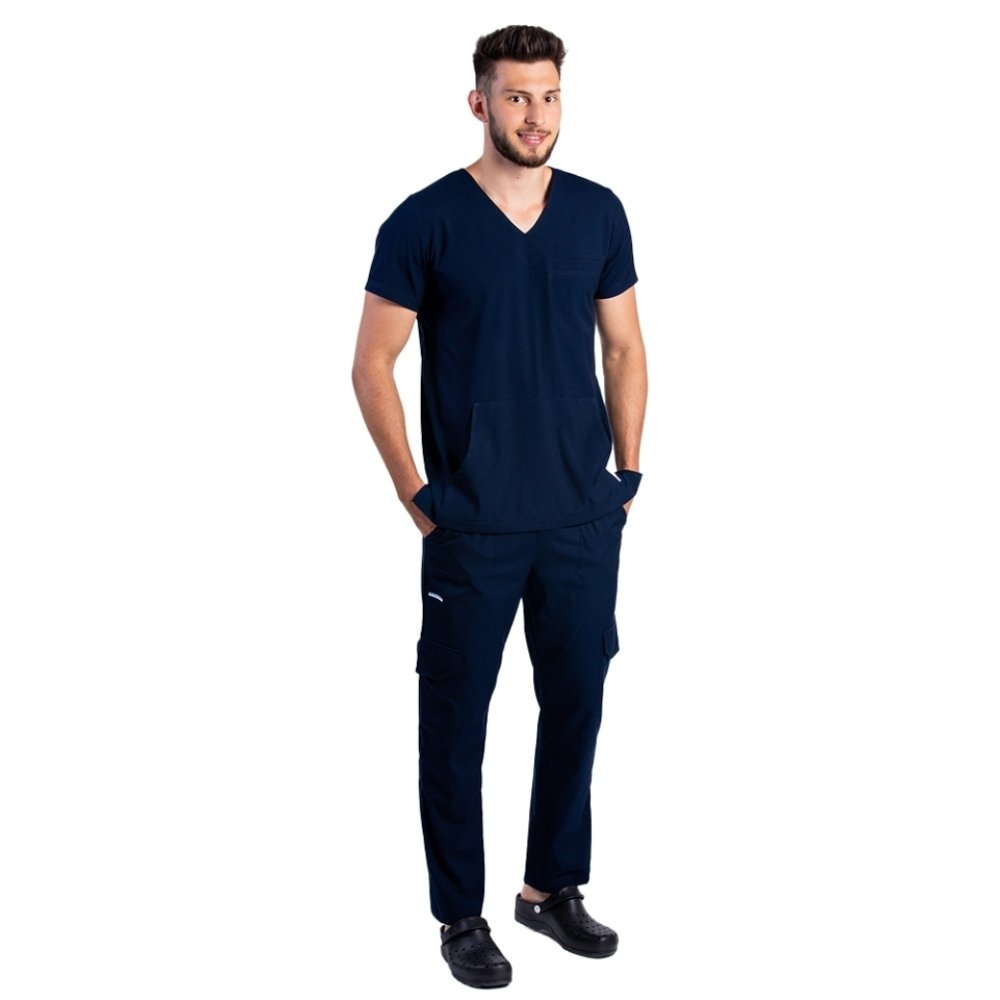 Sötétkék férfi sztreccs orvosi öltöny V blúzzal és nadrággal, zsinórral és gumival