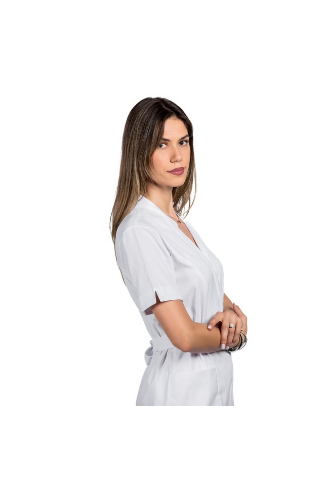 OUTLET Fehér sztreccs kimonó orvosi ruha két zsebbel és tunika gallérral