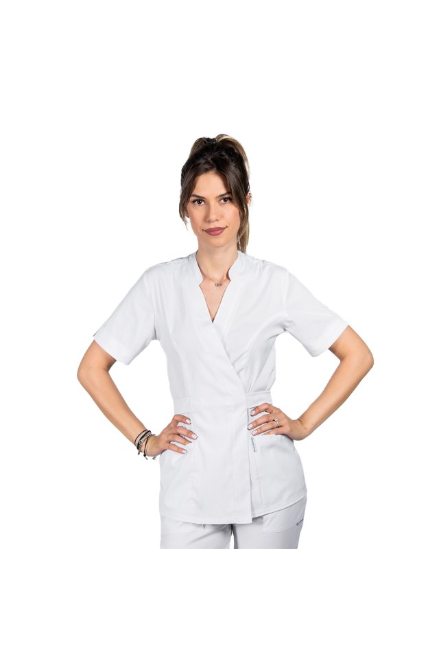 OUTLET Fehér sztreccs kimonó orvosi ruha két zsebbel és tunika gallérral