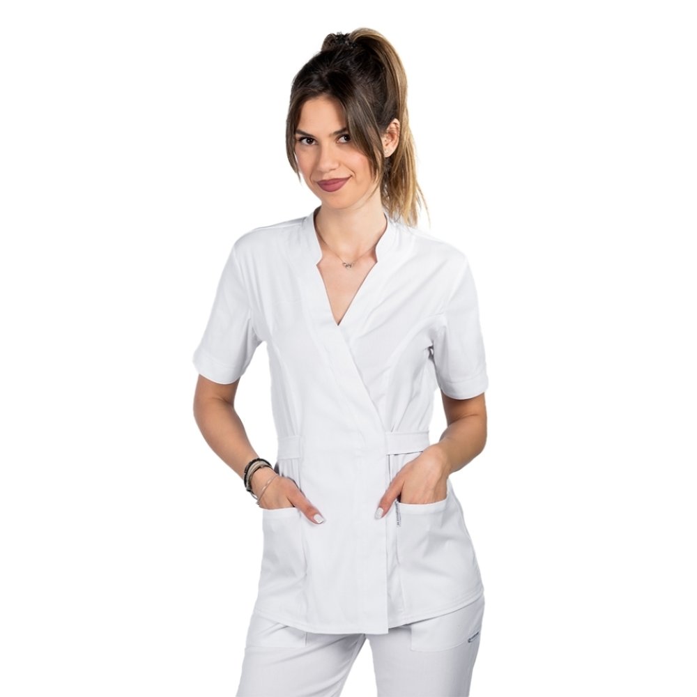 OUTLET Fehér sztreccs kimonó orvosi ruha két zsebbel és tunika gallérral