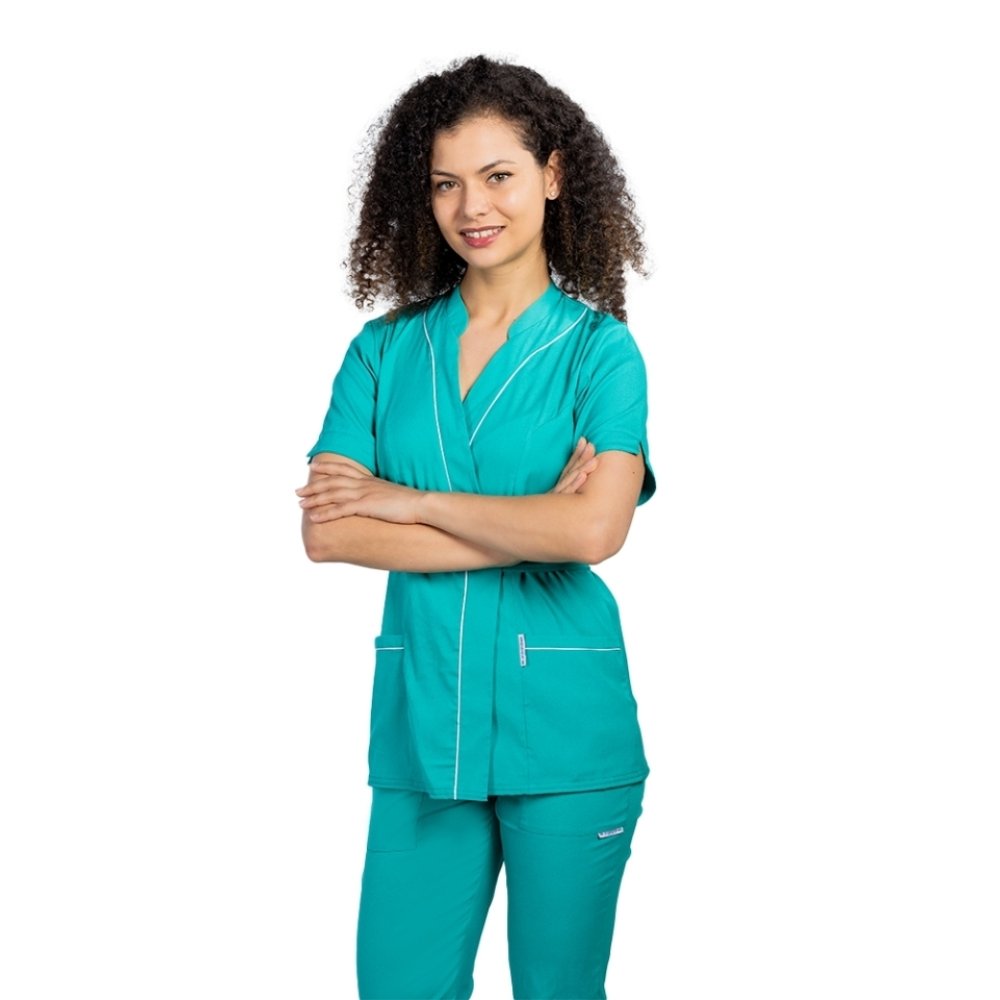 OUTLET Türkizzöld sztreccs kimonó orvosi ruha két zsebbel és tunika gallérral