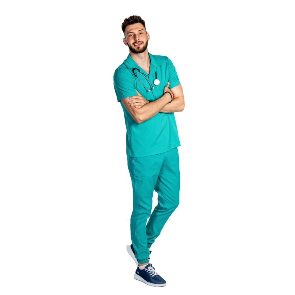 Férfi türkizzöld póló sztreccs orvosi öltöny, V-nyakú blúzzal és jogger nadrággal, húzózsinórral és gumival