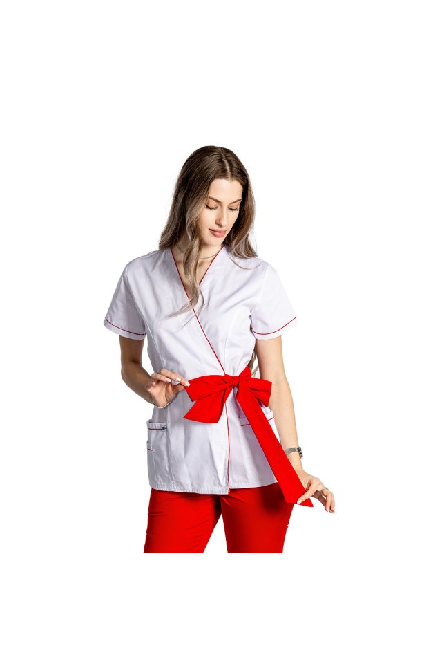 Orvosi öltöny fehér kimonóval, piros paszpóllal és masni típusú övvel
