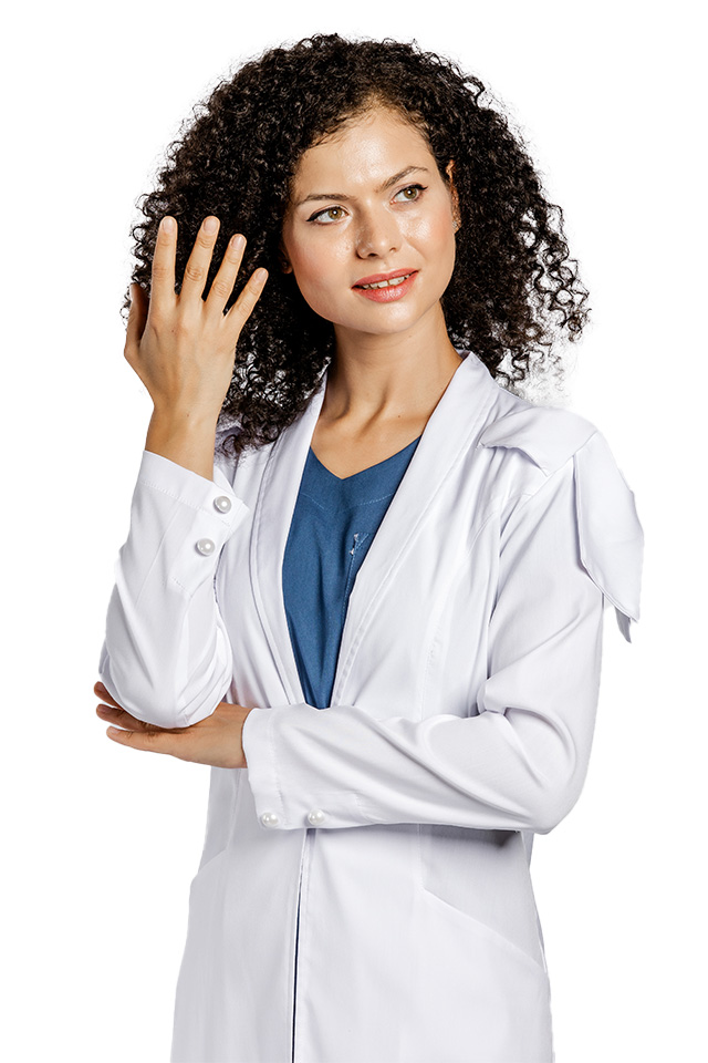 Fehér orvosi ruha Raisa, hölgy, kendőgallérral, gyöngygombokkal, két masnival és hosszú ujjú