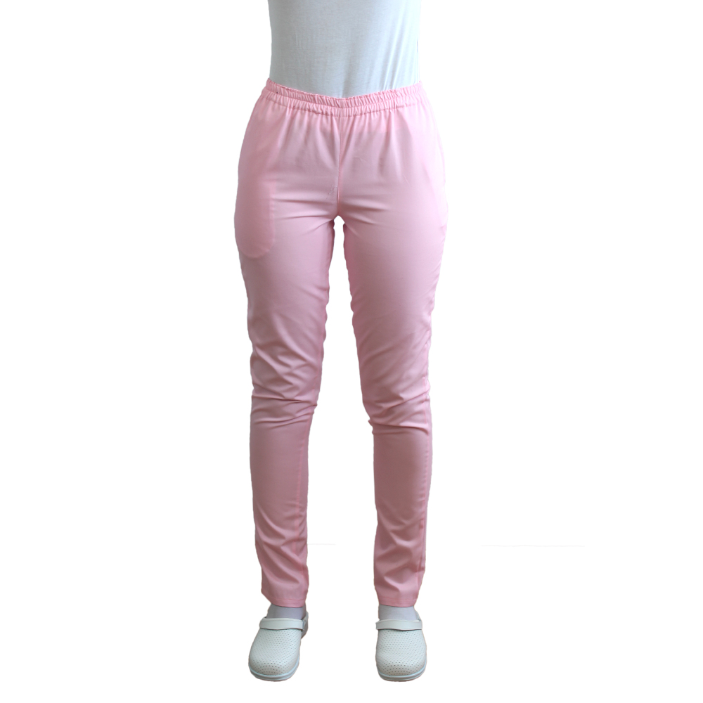 Halvány rózsaszín orvosi nadrág gumírozással és két oldalzsebbel