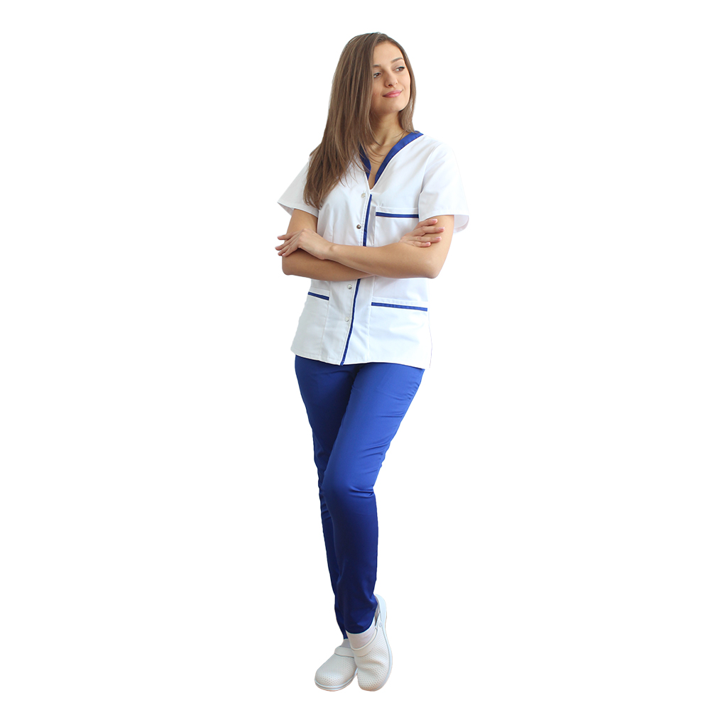 Orvosi öltöny fehér blúzból kék paspollal és kék nadrágból gumírozással